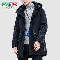 卡帝乐鳄鱼(CARTELO)羽绒服男加厚中长款2019冬季新品男士连帽休闲保暖外套男装上衣 黑色 XL