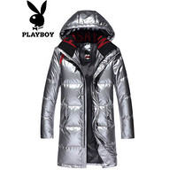 花花公子（PLAYBOY）羽绒服男2019冬装新品时尚连帽中长款男装韩版潮流保暖外套男 灰色 2XL/185