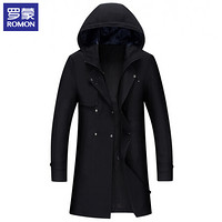 罗蒙(ROMON)风衣男中长款 外套男春秋新款连帽舒适修身商务休闲 9JK941902 黑色 175