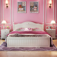 A家家具 床 简约卧室框架双人床 韩式田园浪漫板式木床 平床尾 1.5米床+床垫+床头柜*1 HS001