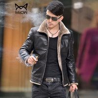 猫人(MiiOW)皮衣 男士时尚休闲翻领加绒加厚PU皮衣外套1616-1513黑色3XL