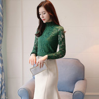米兰茵（MILANYIN）女装 2019年秋冬款蕾丝打底衫韩版上衣半高领百搭长袖雪纺衫 GHML085 墨绿色 XXL