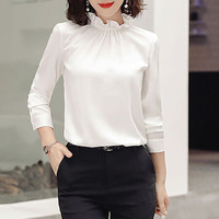 米兰茵（MILANYIN）女装 2019新款秋女工作服正装职业修身荷叶领长袖衬衫 NYml144 白色衬衣 S