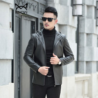 猫人(MiiOW)绵羊皮衣 男士时尚潮流连帽绵羊皮夹克外套5017-704黑色4XL
