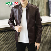 卡帝乐鳄鱼 (CARTELO)皮衣男立领外套2019年秋冬新款青年个性印花仿皮皮衣修身保暖PU皮夹克潮 酒红 M