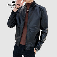 富贵鸟(FUGUINIAO)皮衣男士秋装韩版时尚立领皮衣外套男装百搭修身上衣皮夹克 黑色 3XL