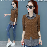 BANDALY 针织衫女2019秋季女装新款毛衣女装宽松外穿外套薄假两件针织衫上衣 HZ6047-8806 咖啡色 M
