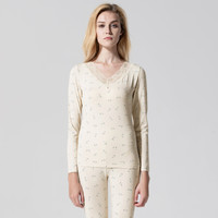稻草人保暖内衣女士春秋紧身薄款蕾丝V领打底棉毛衫套装印花秋衣秋裤 81880 杏色 M