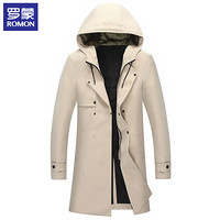 罗蒙(ROMON)风衣男中长款 外套男春秋新款连帽舒适修身商务休闲 9JK941902 卡其 195