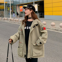 沫欣 风衣女2019秋冬新品时尚休闲印花拼接工装中长款显瘦百搭口袋大衣外套 YJC829A683Q 军绿 XS