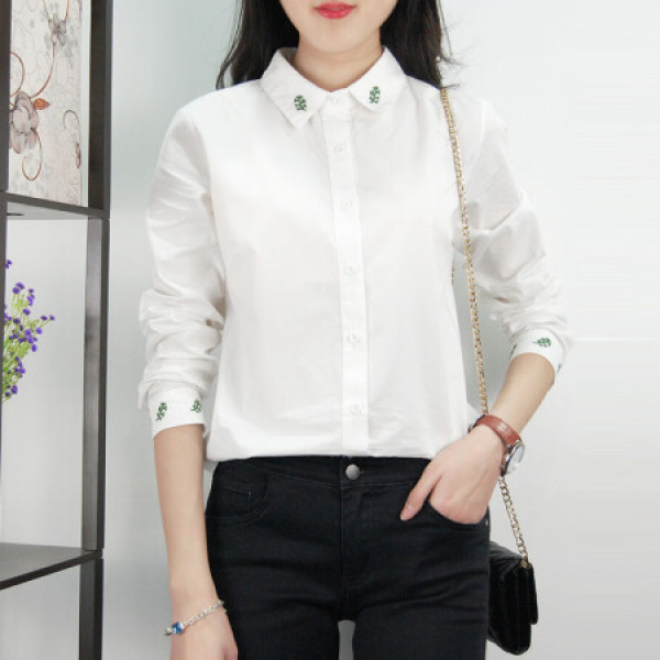 joy 京东女装2019秋季新款日系小清新树叶刺绣白衬衫女学生打底衬衣