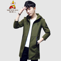 稻草人(MEXICAN)风衣男中长款连帽2019秋冬新款夹克男时尚休闲大衣男修身舒适百搭衣服男装外套 军绿 M