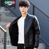 卡帝乐鳄鱼 (CARTELO)皮衣男棒球领夹克2019年秋冬新款纯色修身保暖皮外套休闲时尚棒球服潮 黑色加绒 M