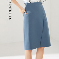 尚都比拉纯色不规则半身裙女2019女装新品时尚通勤A字裙 193Q1426379 雾霾蓝 L