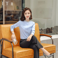 MAX WAY 女装2019新款秋季衬衫女工作服正装职业修身衬衣女装OL NYml156 蓝色衬衫 S