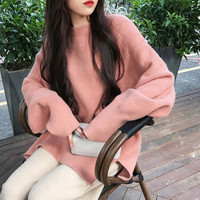 朗悦女装 2019秋季新款针织套装女学生韩版宽松纯色长袖慵懒风毛衣休闲阔腿裤两件套 LWYC198353 粉杏套装 M