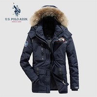 U.S. POLO ASSN. 羽绒服男 2019冬季新品男士可卸连帽中长款加厚衣服白鸭绒保暖外套 6194117032 黑蓝色 M