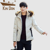 金盾（KIN DON）羽绒服 男2019冬季新款休闲百搭韩版潮流连帽短款加厚保暖毛领外套 QT708-C309 米白色 185