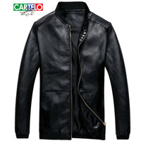 卡帝乐鳄鱼 (CARTELO)皮衣男棒球领夹克2019年秋冬新款纯色修身保暖皮外套休闲时尚棒球服潮 黑色 4XL