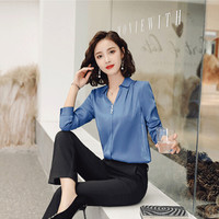 MAX WAY 女装2019新款秋季衬衫女工作服正装职业修身衬衣女装OL NYml153 蓝色衬衫 M