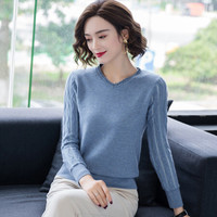 莉夏乐 2019秋冬女装新款短款套头针织衫女韩版修身V领长袖女士时尚 MMBD5969 蓝色 M