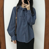 JOY OF JOY 京东女装2019秋装新款时尚百搭灯笼袖立领交叉韩范衬衣女潮 JWCC191334 蓝色 M