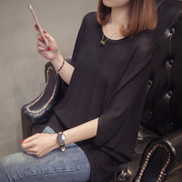 沫欣 针织衫女2019秋季新品百搭通勤圆领洋气冰丝薄款打底七分袖针织蝙蝠衫 JXALFS018 黑色 S