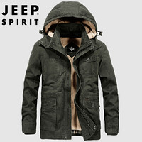 吉普(JEEP)棉服男2019秋季新品新品男装加绒加厚外套连帽可拆卸两件套冬厚款LST1507军绿 XXL