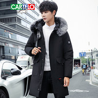 卡帝乐鳄鱼(CARTELO)羽绒服男中长款新品2019冬季保暖大毛领休闲加厚连帽外套 黑色 3XL