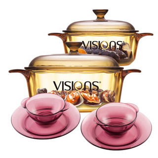 VISIONS 康宁 晶彩透明玻璃锅汤锅蒸锅家用锅具套装0.8L+2.25L+紫色碗碟套装4件组