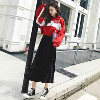 薇图 vitto 女装 2019年秋冬款ins潮味套装宽松连帽卫衣搭配金丝绒半身裙套装 HC03VT82 红色两件套 M