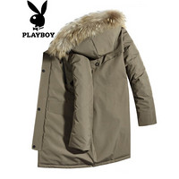 花花公子（PLAYBOY）羽绒服男2019冬季新款连帽保暖中长款外套时尚大毛领男装 卡其 L/175