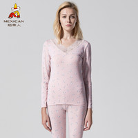 稻草人保暖内衣女士春秋紧身薄款蕾丝V领打底棉毛衫套装印花秋衣秋裤 81880 粉红 XL