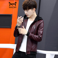 猫人(MiiOW)皮衣 男士时尚休闲潮流刺绣连帽皮衣外套A428-1-PY03枣红色XL