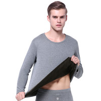 港莎保暖内衣男加绒加厚 圆领德绒纤维中老年保暖内衣男套装 男款-麻灰 XXL