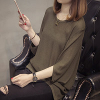 沫欣 针织衫女2019秋季新品百搭通勤圆领洋气冰丝薄款打底七分袖针织蝙蝠衫 JXALFS018 墨绿色 M