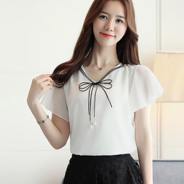 商品薇图vitto 女装 2019年春季色系带v领双层蝴蝶高密短袖修身雪纺衫
