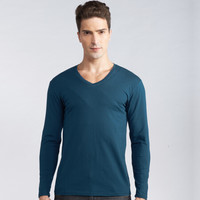 港莎保暖内衣男单件上衣弹力棉V领男士打底衫修身纯色长袖 墨绿 XL