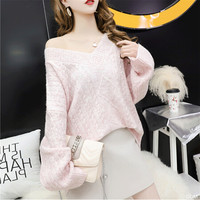 沫欣 针织衫女2019秋冬季新品女装宽松很仙的慵懒风套头V领上衣网红麻花毛衣 CCHWT007 浅粉 均码
