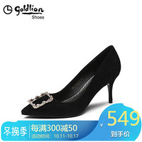 金利来（goldlion）女士尖头气质韩版水钻方扣细高跟单鞋69683002401M-黑色-34码