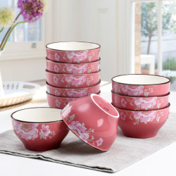 红杜鹃瓷碗饭碗套装5英寸10个