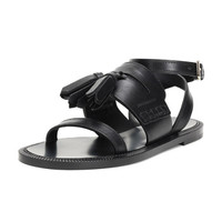 BURBERRY 巴宝莉 女款黑色皮质扣踝带流苏平跟凉鞋 40646331 36码