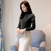 米兰茵（MILANYIN）女装 2019年秋冬款蕾丝打底衫韩版上衣半高领百搭长袖雪纺衫 GHML085 黑色 S