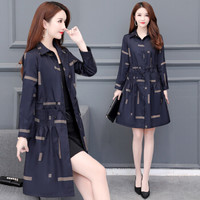 沫欣 风衣女2019秋冬新品气质显瘦贵夫人POLO领中长款简约条纹风衣外套 KKWHYMAXYY01 蓝色 XXXL