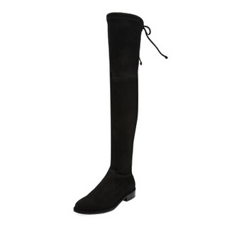 STUART WEITZMAN 斯图尔特·韦茨曼 女士黑色羊皮低跟过膝长靴  LOWLAND BLACK SUEDE STR 37