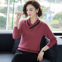Markentsee 2019秋装新品针织衫女装毛衣V领纯色时尚针织打底衫韩版长袖修身百搭 MMBD9262 枫叶红 M