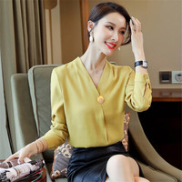 瑜珏（YuJue）心机衬衫上衣女 2019秋季新品韩版设计感复古港味亮丝衬衣 QJYY892 黄色 2XL
