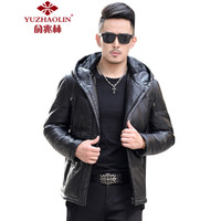 俞兆林(YUZHAOLIN)轻量羽绒服 男士简约连帽羽绒服皮衣外套2020-1-1720黑色2XL