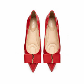 莱尔斯丹 专柜同款尖头浅口低粗跟套脚蝴蝶结时尚通勤单鞋女LS AM11501 红色 38