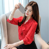 米兰茵（MILANYIN）女装 2019秋季新款很仙的系带上衣洋气波点衬衫女 MLYH1181 红色 S